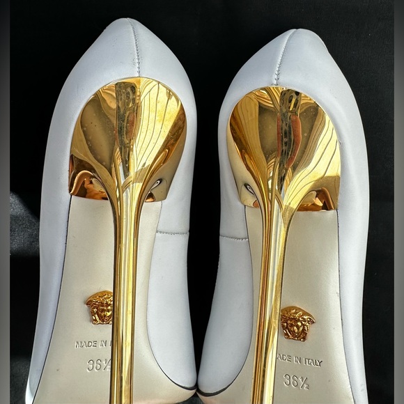 Versace White & Gold Pointed Toe Heels Medusa Head - Picture 8 of 10